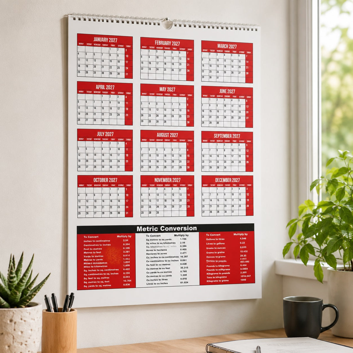 Design Group 2027 Large Month To View Calendar Red and White 464mm x 340mm YCORCAA5A015 | Month Per Page | Complete 12 Month Calendar On Reverse | Full Lunar Calendar | Date Planner | Monthly Organiser