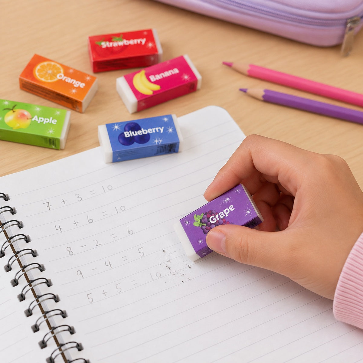 Tallon Artbox Scented Novelty Erasers Assorted Pack Of 6 4175-48 | Fruity Fragrance Stationery Set | Orange-Strawberry-Blueberry-Apple-Grape and Banana | Suitable for School Kids-Party Bag Fillers and Homework Rewards