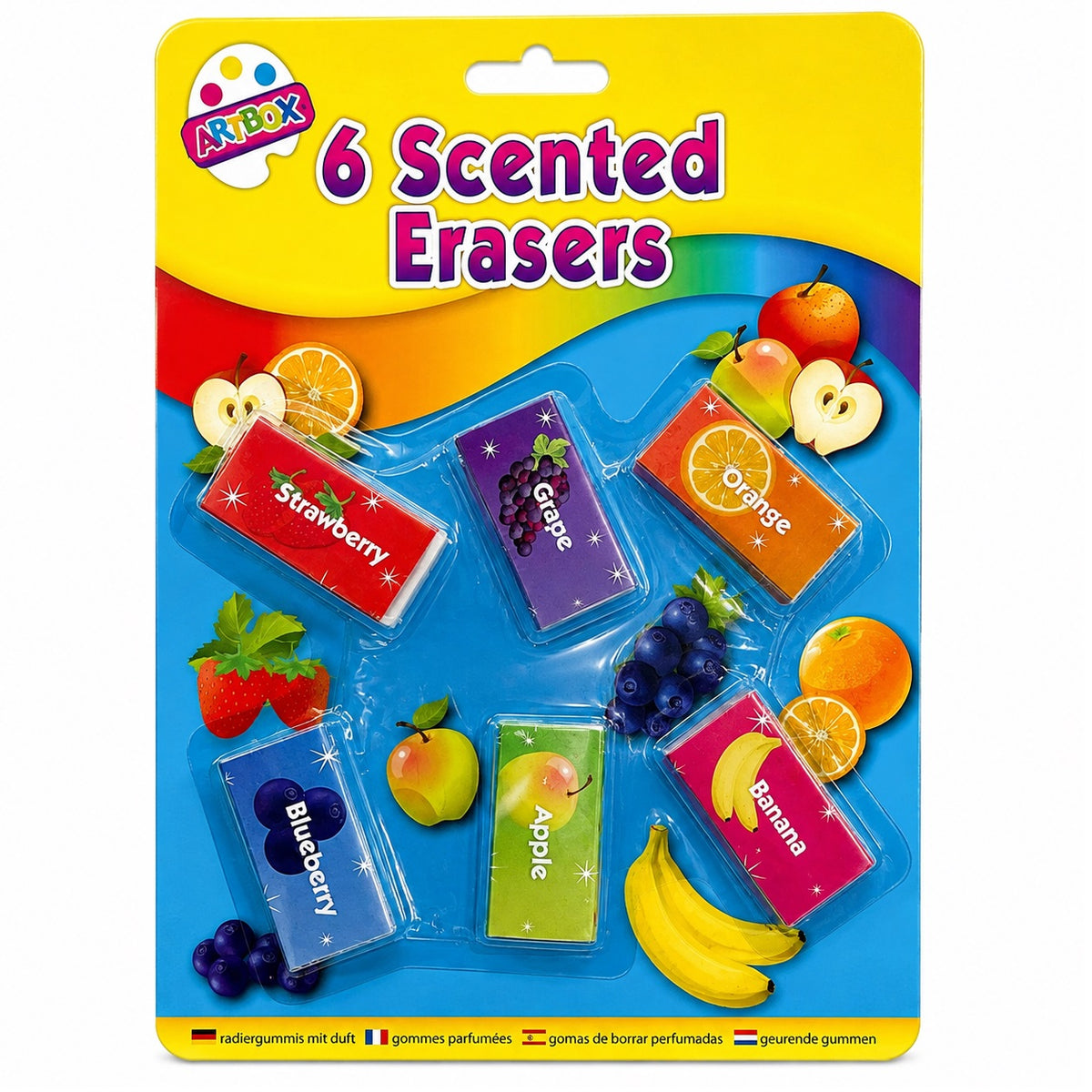 Tallon Artbox Scented Novelty Erasers Assorted Pack Of 6 4175-48 | Fruity Fragrance Stationery Set | Orange-Strawberry-Blueberry-Apple-Grape and Banana | Suitable for School Kids-Party Bag Fillers and Homework Rewards
