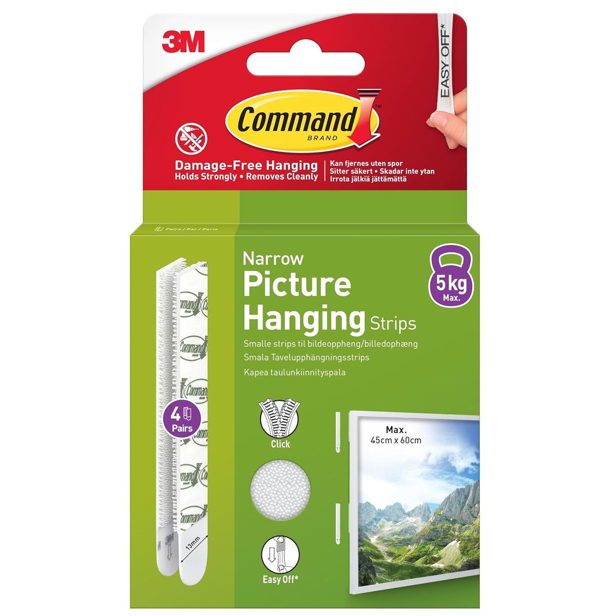 3M Command Narrow Picture Hanging Strips White Pack of 4 Pairs 4342-4 | 3M Damage Free Adhesive Hanging | Holds Strongly and Removes Cleanly | Suitable for Frames Up To 45cm x 60cm Wall Mount Display | Holds upto 5kg Max