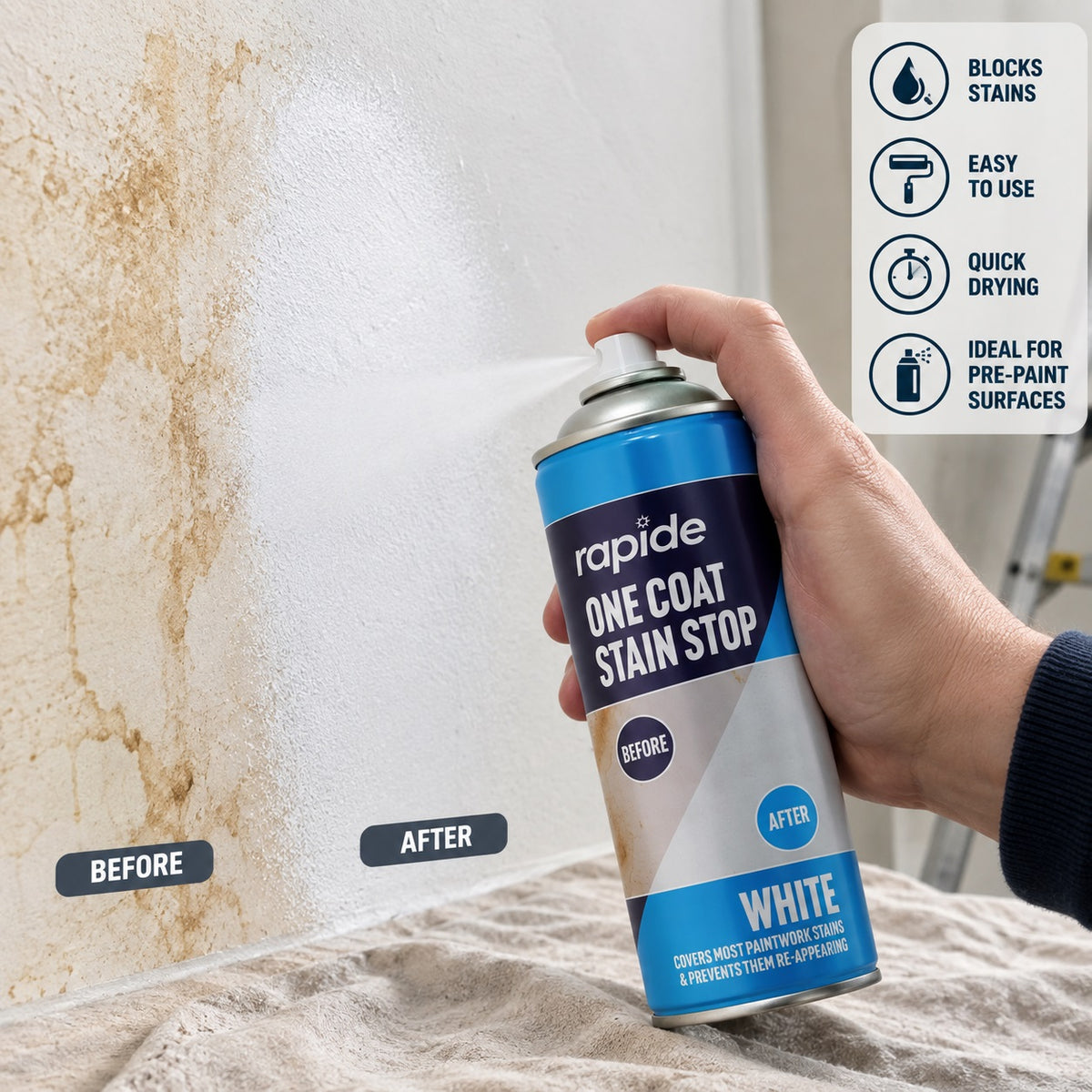 Rapide One Coat Stain Stop Spray White 400ml 2692 | Stain Blocking Primer Spray | Undercoat Aerosol Paint | Quick Drying