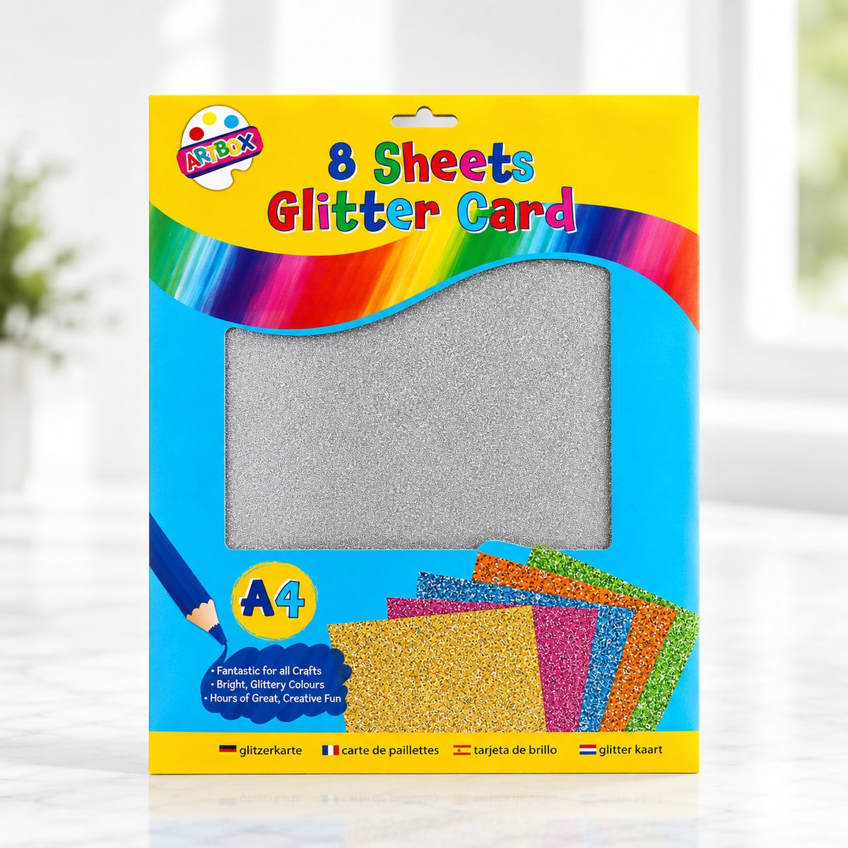 Tallon Artbox A4 Sheets Glitter Card Assorted Colours Pack Of 8 5294-48 | Sparkly Glittery Craft Paper Pack | Make Your Own Cards Activity | Suitable for Childrens Art Crafts-DIY Projects-Card Making and School Activities