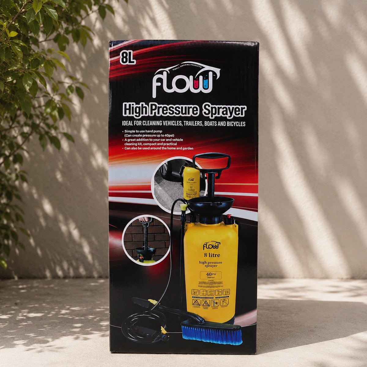 Flow High Pressure Sprayer Black and Yellow 8Ltr YCORDIA5A017 | Ideal for Cleaning Vehicles | Trailers | Boats and Bicycles | Home and Garden | Simple to Use Hand Pump | Create Pressure Up To 40 PSI | Compact and Practical Cleaning Kit | Spray Lance | Hand Brush | Hand Sprayer | Fertiliser Sprayer