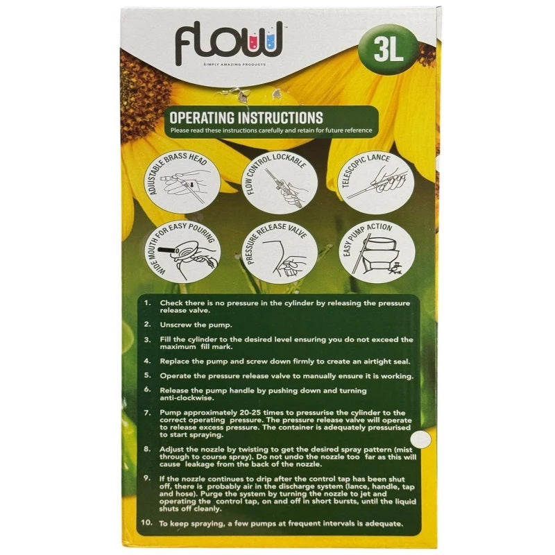 Flow Garden Pressure Sprayer Multicolour 3Ltr PS3HD | Suitable For Garden Chemicals | Shatterproof and Frost Resistant | Safety Pressure Release Valve | Adjustable Spray Lance | Shoulder Strap | Wide Mouth For Easy Pouring | Flow Control Lockable | Easy