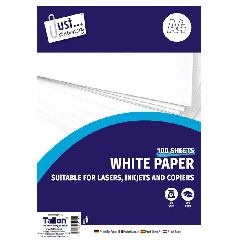 Just Stationery A4 80gsm Paper Sheets White Pack of 100 4142 | Suitable For Lasers Inkjets And Copiers | Multipurpose Printer Paper | Writing and Drawing Paper