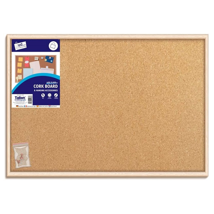 Just Stationery Cork Board and Hanging Accessories Brown 400mm x 600mm 4288 | Push Pins | String Included | Office Notice Board | Home School Display Board