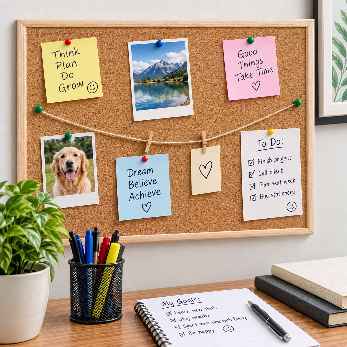 Just Stationery Cork Board and Hanging Accessories Brown 400mm x 600mm 4288 | Push Pins | String Included | Office Notice Board | Home School Display Board