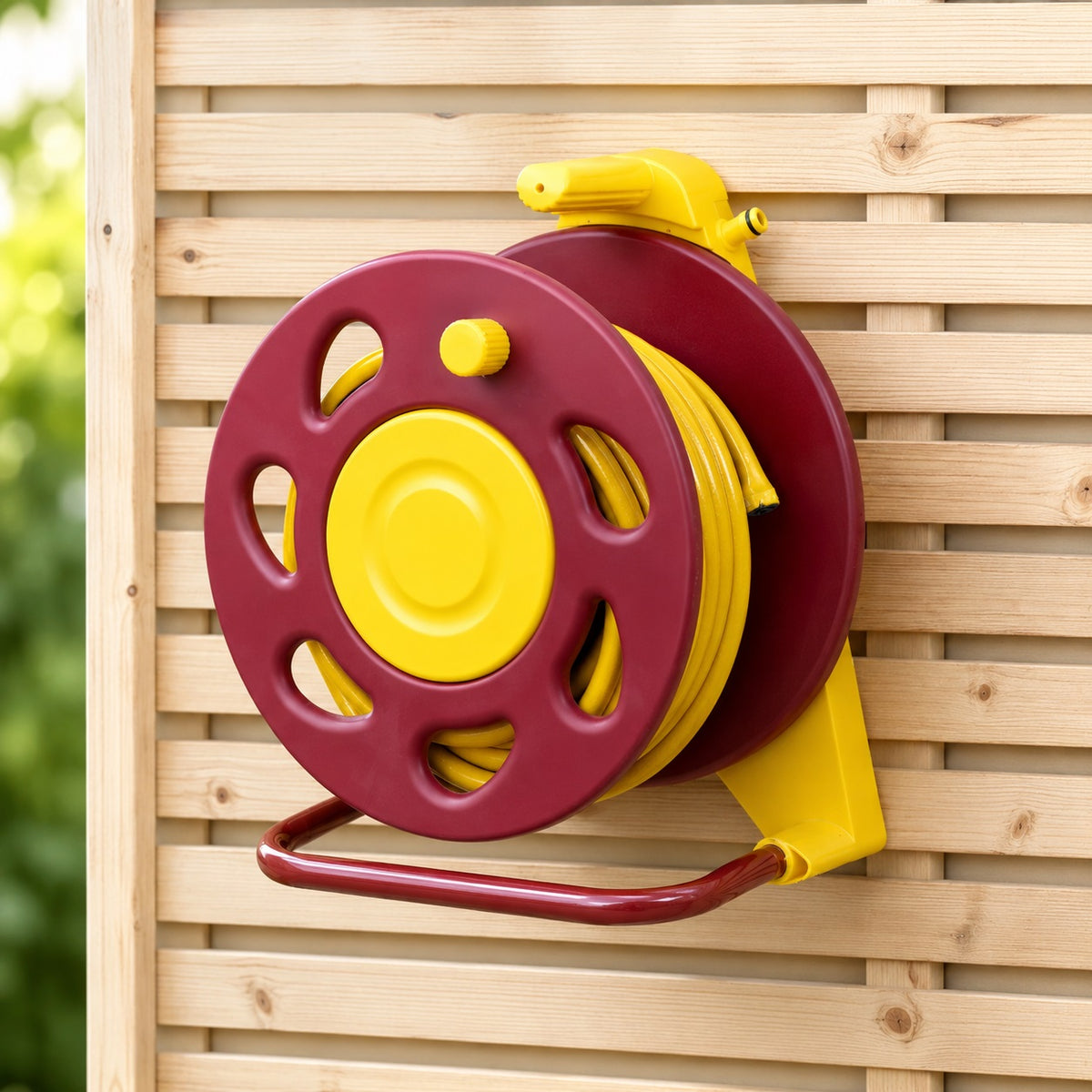 Flow Wall Mounted Hose Reel Set Yellow and Red 15Mtr 615PRO | High Quality Plastic Reinforced Hose Pipe | Includes Adjustable Spray Nozzle Tap Connector Hose End Connectors and Wall Mounting Bracket for Garden Watering and Outdoor Use