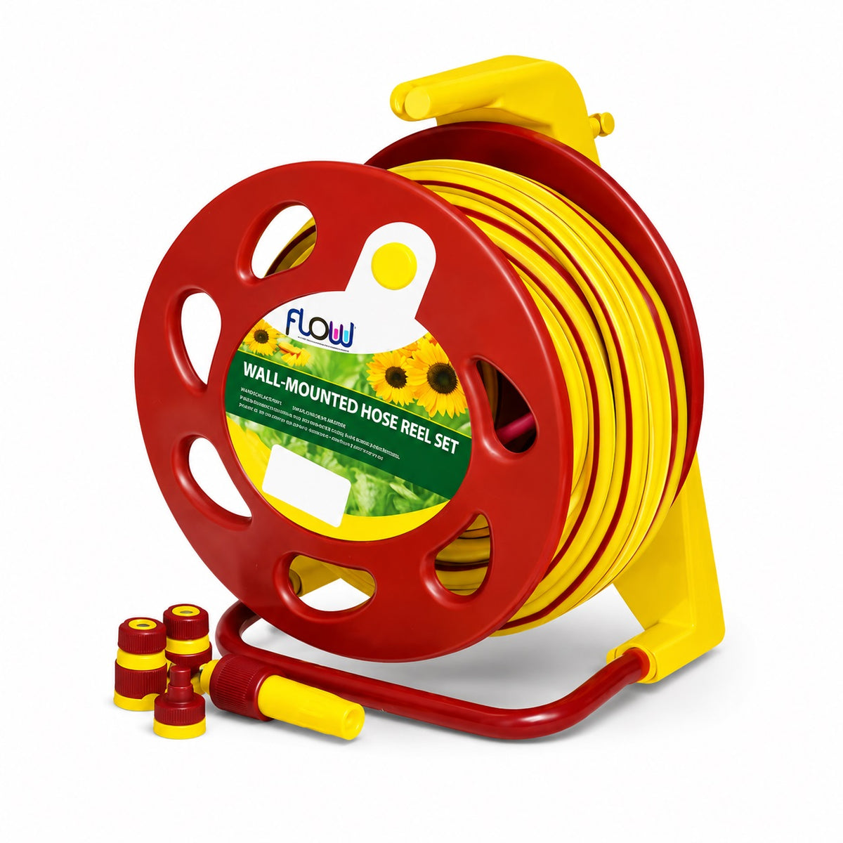 Flow Wall Mounted Hose Reel Set Yellow and Red 15Mtr 615PRO | High Quality Plastic Reinforced Hose Pipe | Includes Adjustable Spray Nozzle Tap Connector Hose End Connectors and Wall Mounting Bracket for Garden Watering and Outdoor Use