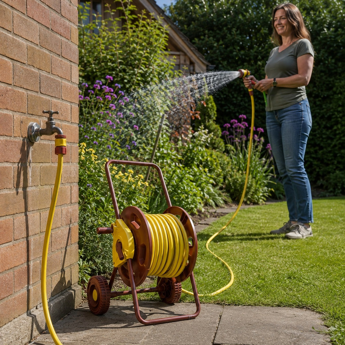 Flow Complete Hose Trolley Set Yellow and Red 25Mtr 625HRSX | Portable Wheeled Hose Reel Cart | Includes Reinforced Garden Hose Pipe Spray Gun Tap Connectors and Fittings for Outdoor Lawn and Plant Watering