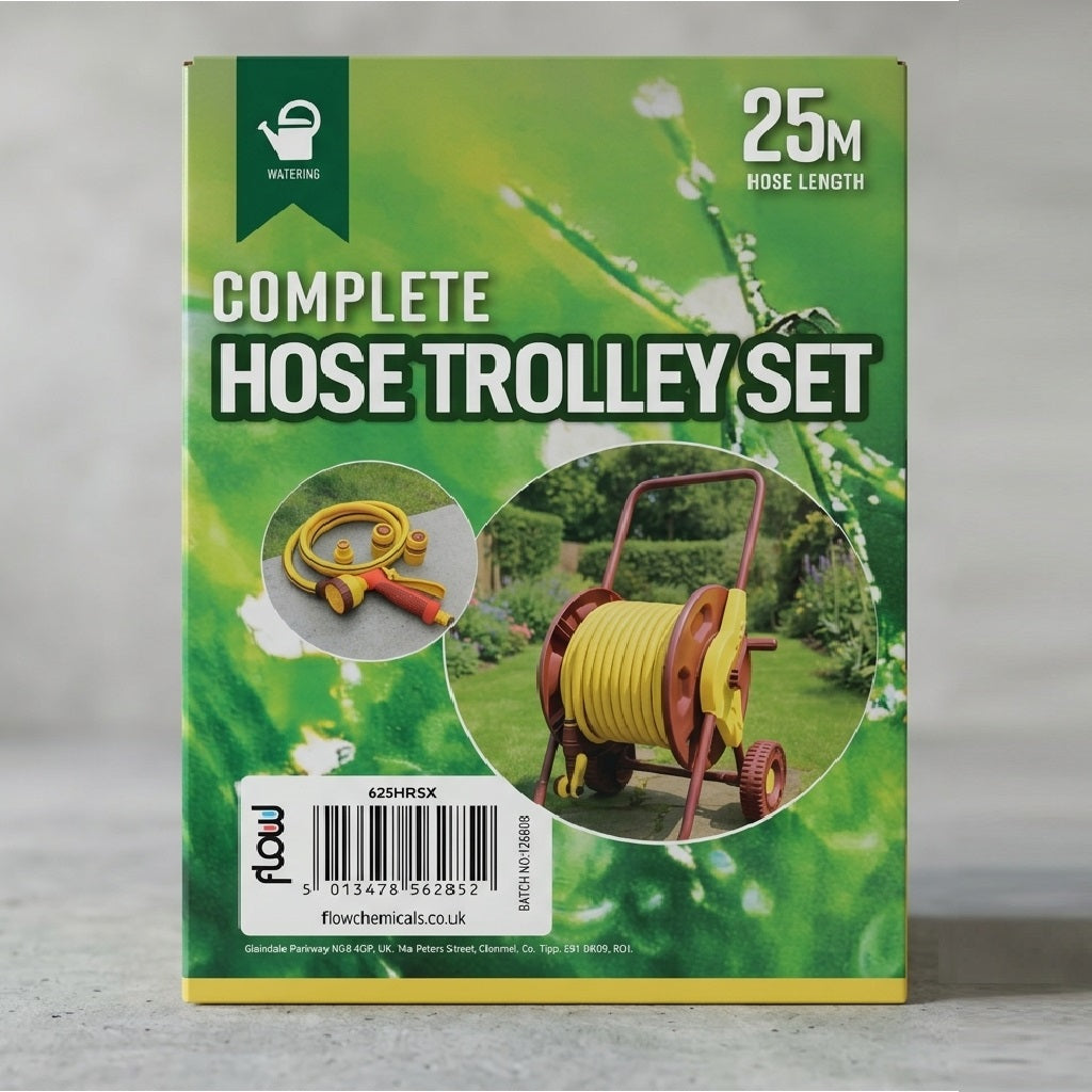 Flow Complete Hose Trolley Set Yellow and Red 25Mtr 625HRSX | Portable Wheeled Hose Reel Cart | Includes Reinforced Garden Hose Pipe Spray Gun Tap Connectors and Fittings for Outdoor Lawn and Plant Watering