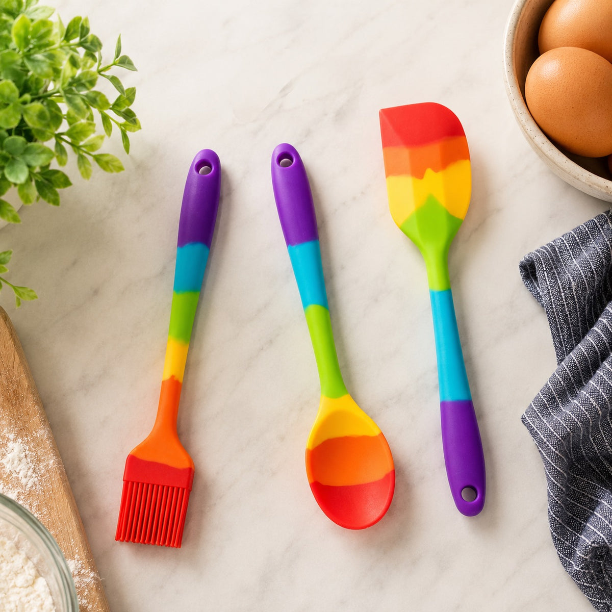 Taylors Eye Witness Mini Rainbow Silicone Spoon and Spatula and Pastry Brush Set Assorted Pack of 3 LTSSET11RB | Zero Plastic | Heat Resistant | Silicone Kitchen Tools | Baking Accessories