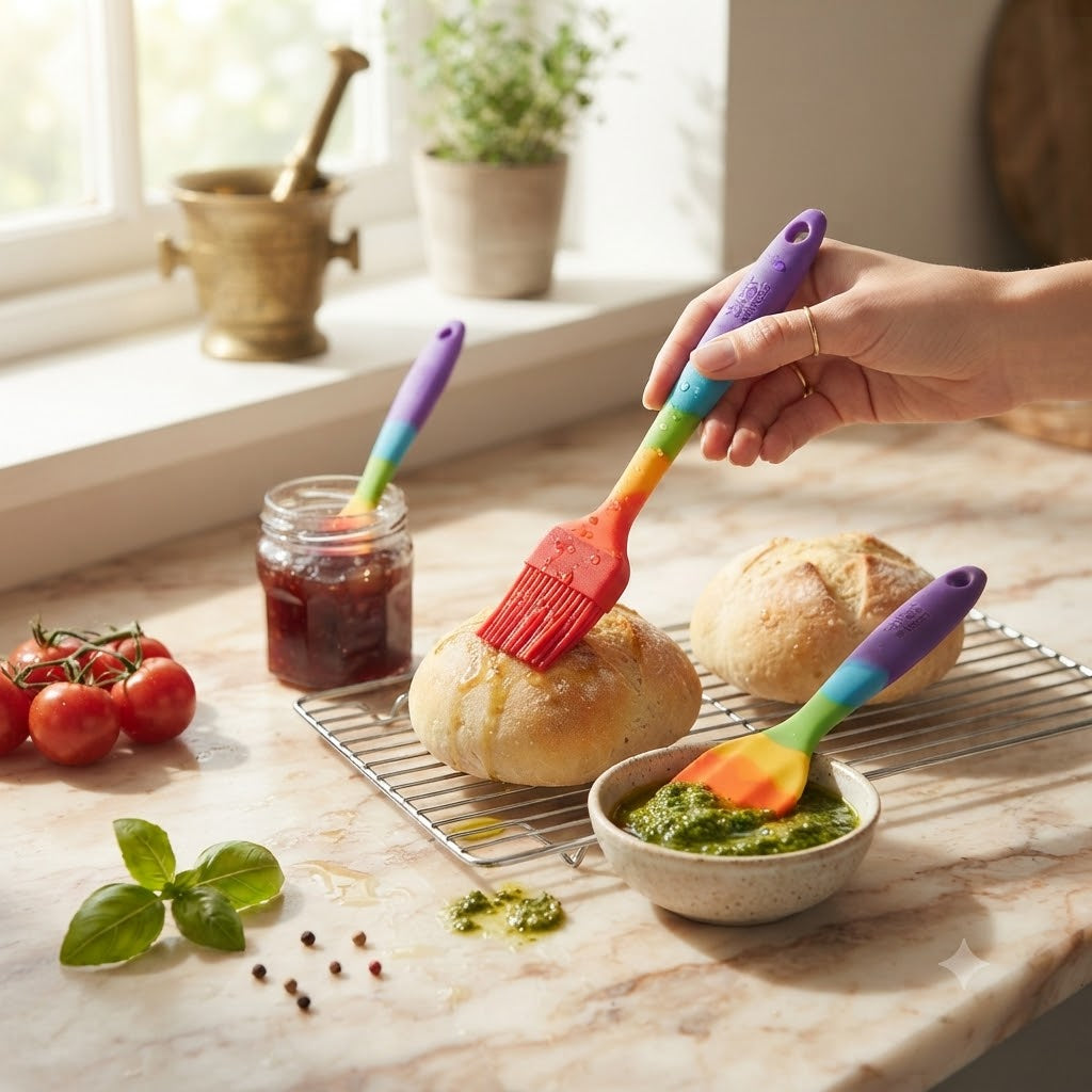 Taylors Eye Witness Mini Rainbow Silicone Spoon and Spatula and Pastry Brush Set Assorted Pack of 3 LTSSET11RB | Zero Plastic | Heat Resistant | Silicone Kitchen Tools | Baking Accessories