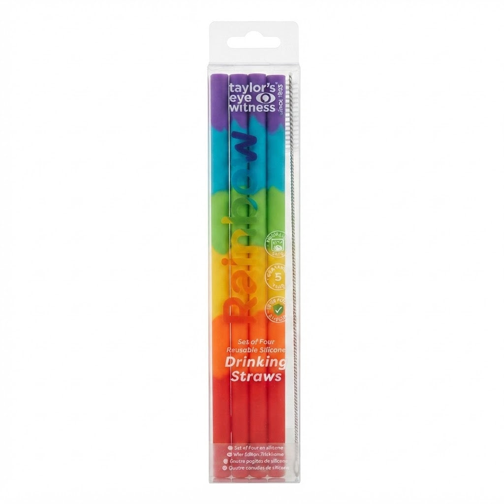 Taylors Eye Witness Rainbow Silicone Reusable Drinking Straws Assorted Pack of 4 LTS7BRB | Dishwasher Safe | Plastic Free Straws | Smoothie Straws | Milkshake Straws | Juice Straws