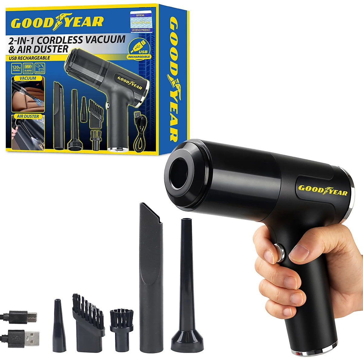 Goodyear 3-in-1 Cordless Vacuum Air Duster and Inflator Black 900318 | USB Rechargeable | 120W Power | 18 Mins Working Time | Suction 5000PA | Bagless | Lightweight