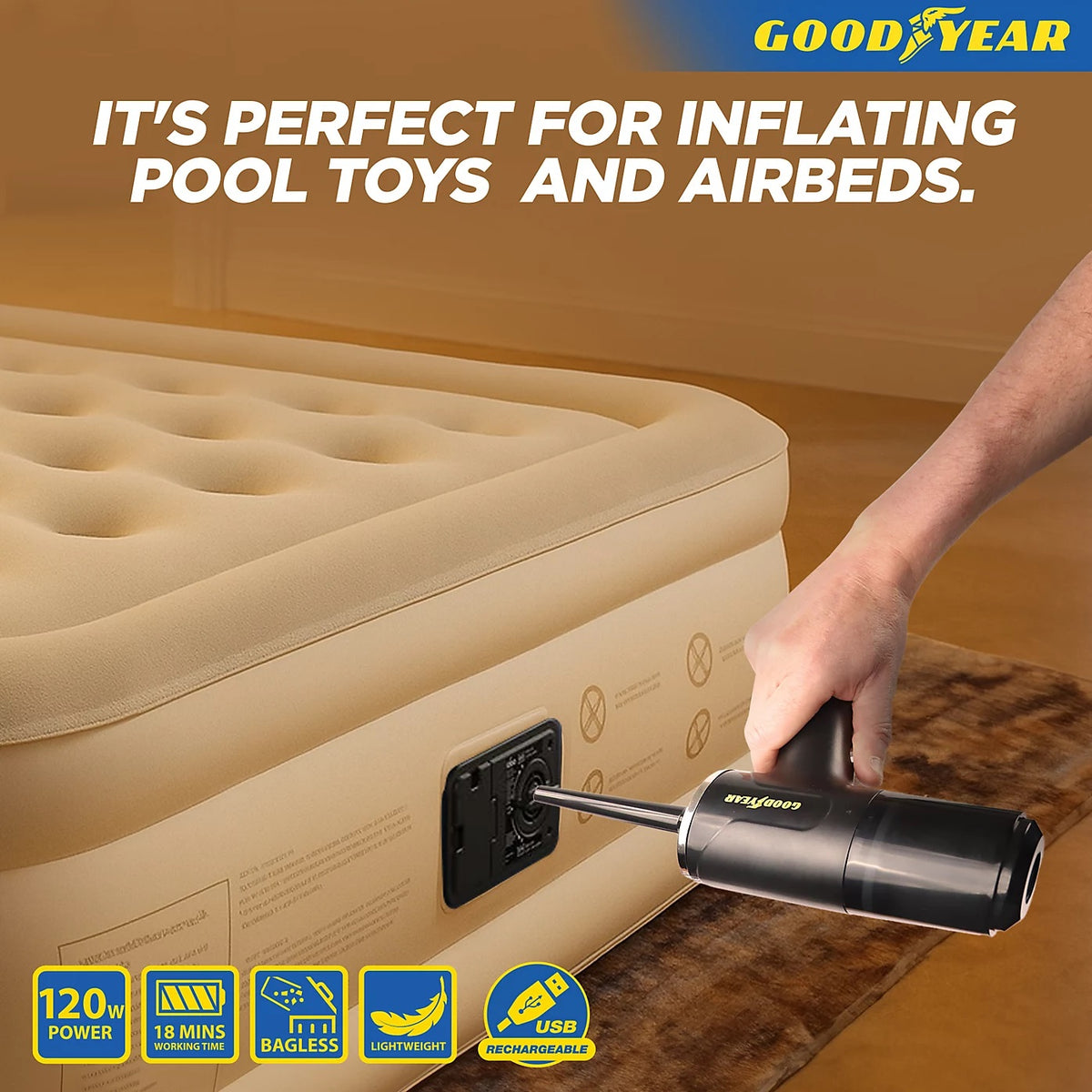 Goodyear 3-in-1 Cordless Vacuum Air Duster and Inflator Black 900318 | USB Rechargeable | 120W Power | 18 Mins Working Time | Suction 5000PA | Bagless | Lightweight