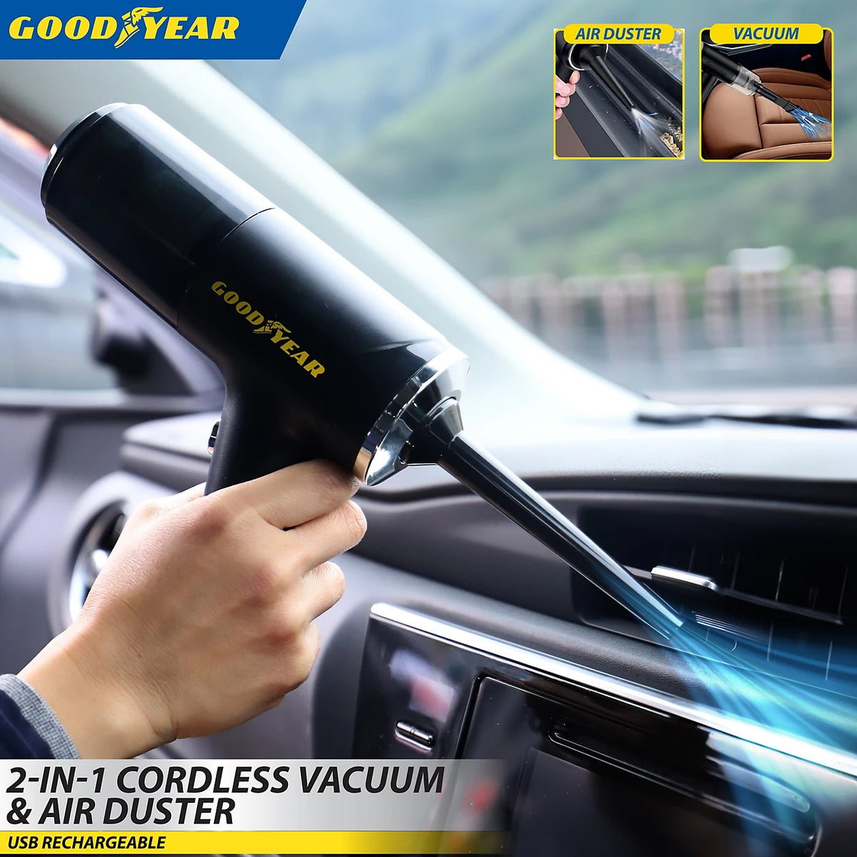 Goodyear 3-in-1 Cordless Vacuum Air Duster and Inflator Black 900318 | USB Rechargeable | 120W Power | 18 Mins Working Time | Suction 5000PA | Bagless | Lightweight