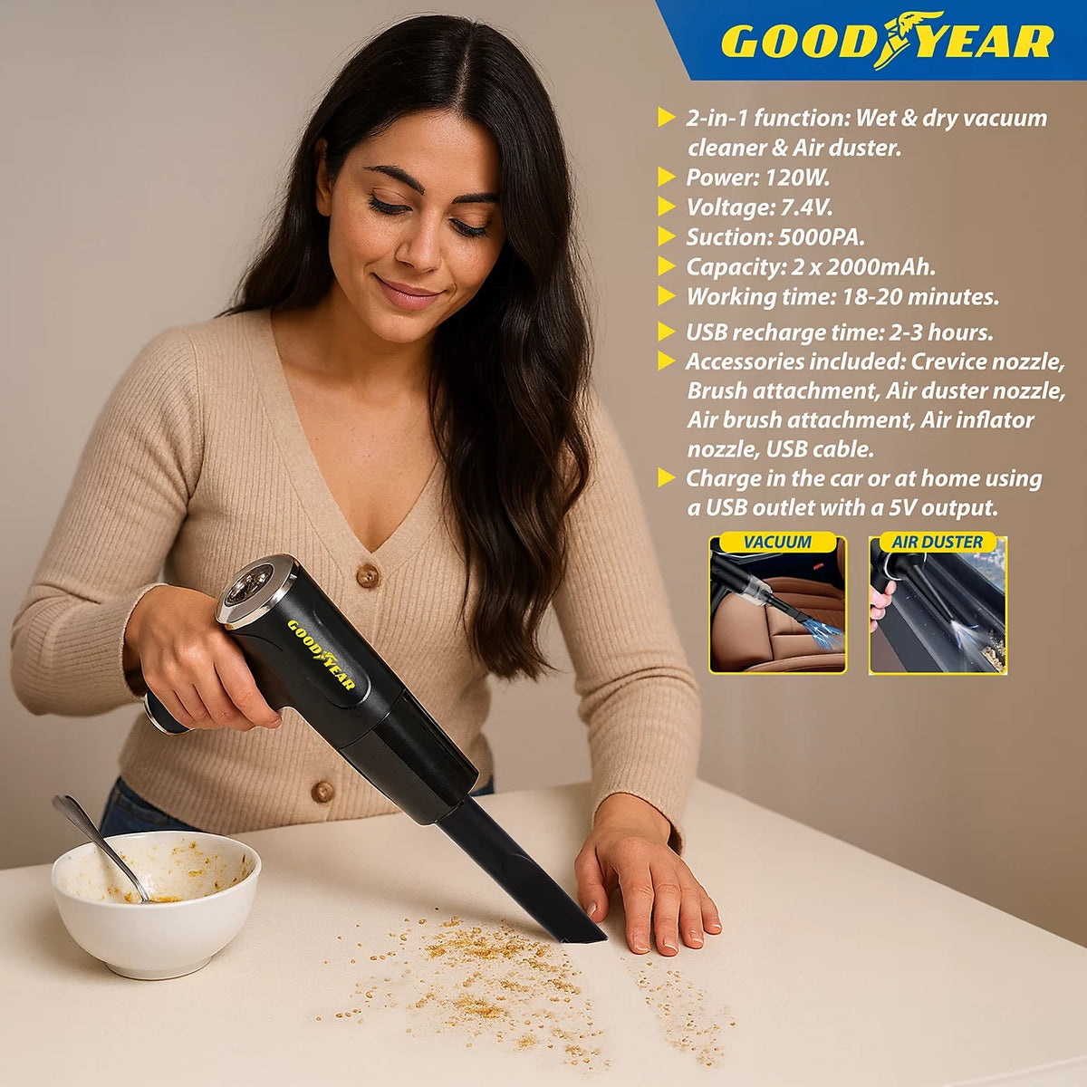 Goodyear 3-in-1 Cordless Vacuum Air Duster and Inflator Black 900318 | USB Rechargeable | 120W Power | 18 Mins Working Time | Suction 5000PA | Bagless | Lightweight