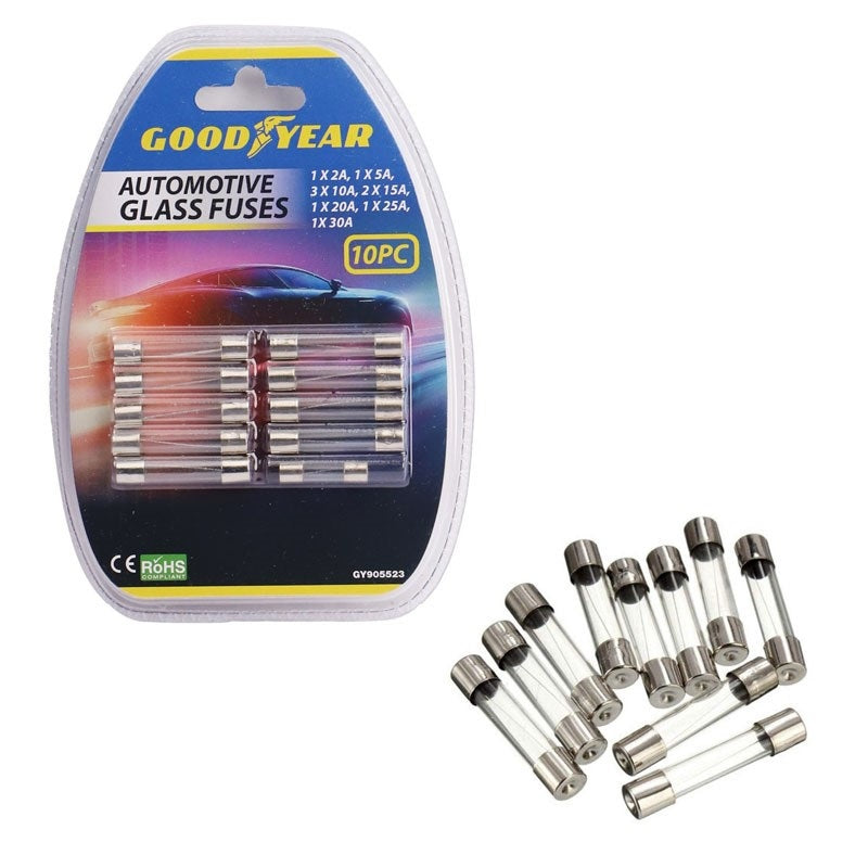 Goodyear Automatic Glass Fuses Clear Pack of 10 905523 | Suitable For a Wide Range of Automotive Applications | Contains The Most Commonly Used Fuses