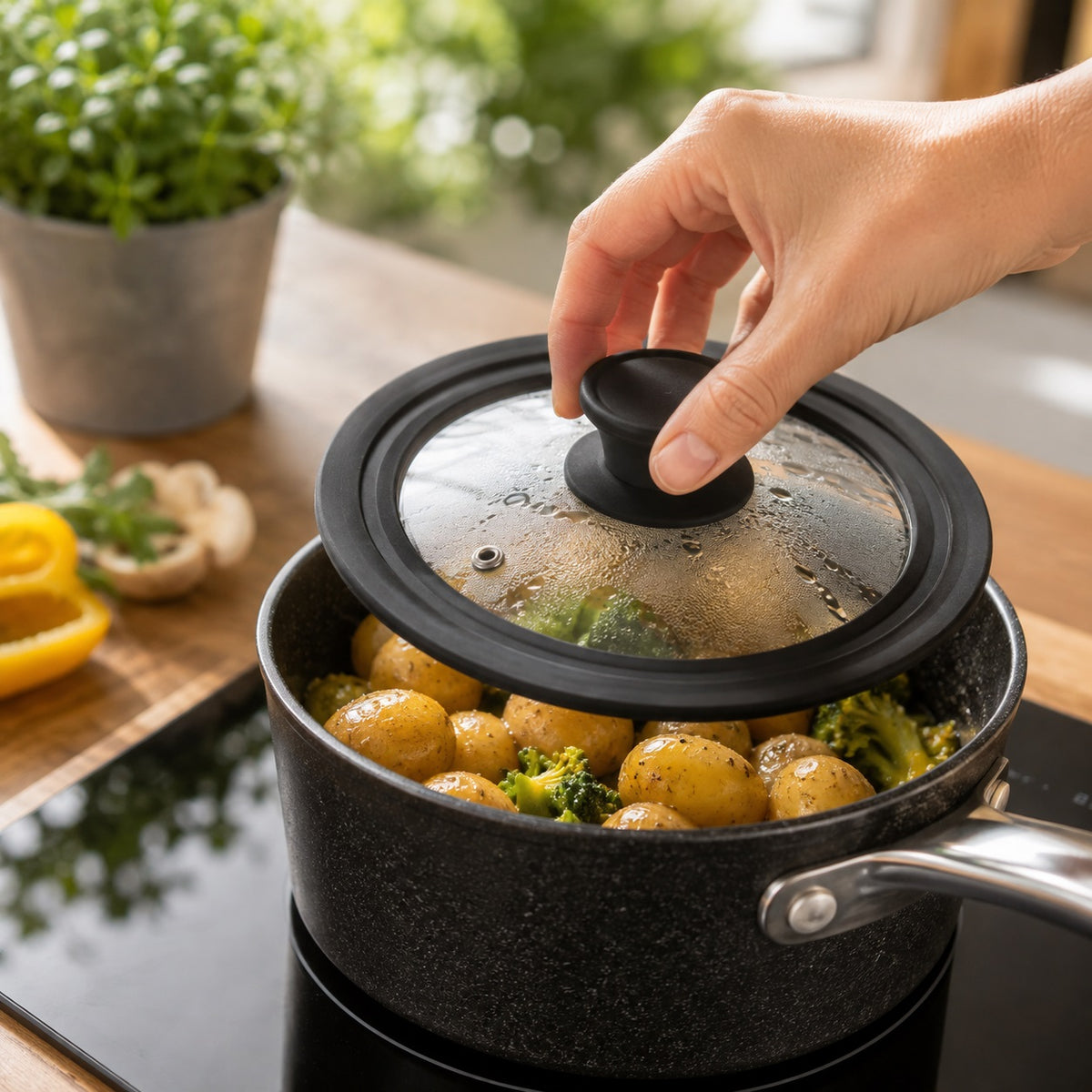 Taylors Eye Witness Small Universal Glass and Silicone Pan Lid Black PLID1 | Fits All 16-18-20cm Saucepans | Tempered Glass With Steam Vent No-Rattle Silicone Rim and Oven Safe Knob | Dishwasher Safe | Kitchen Essentials | Cooking Accessories