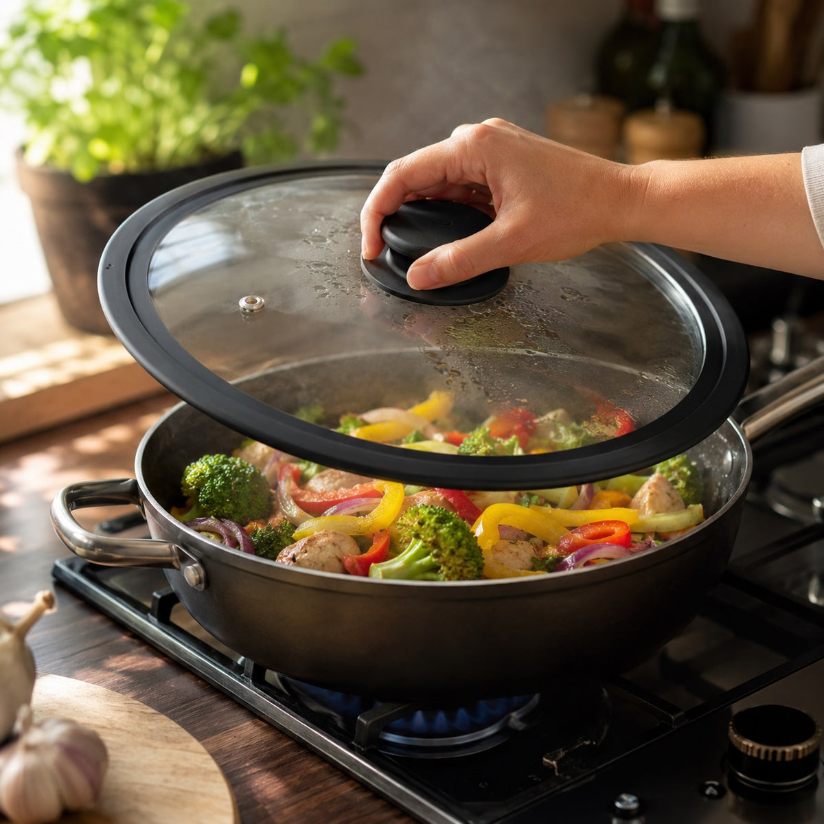 Taylors Eye Witness Large Universal Glass and Silicone Pan Lid Black PLID3 | Fits All 26-28-30cm Frying Pans | Stockpots and Casseroles | Tempered Glass With Steam Vent No-Rattle Silicone Rim and Oven Safe Knob | Dishwasher Safe | Cool Touch Knob | Kitchen Essentials | Cooking Accessories