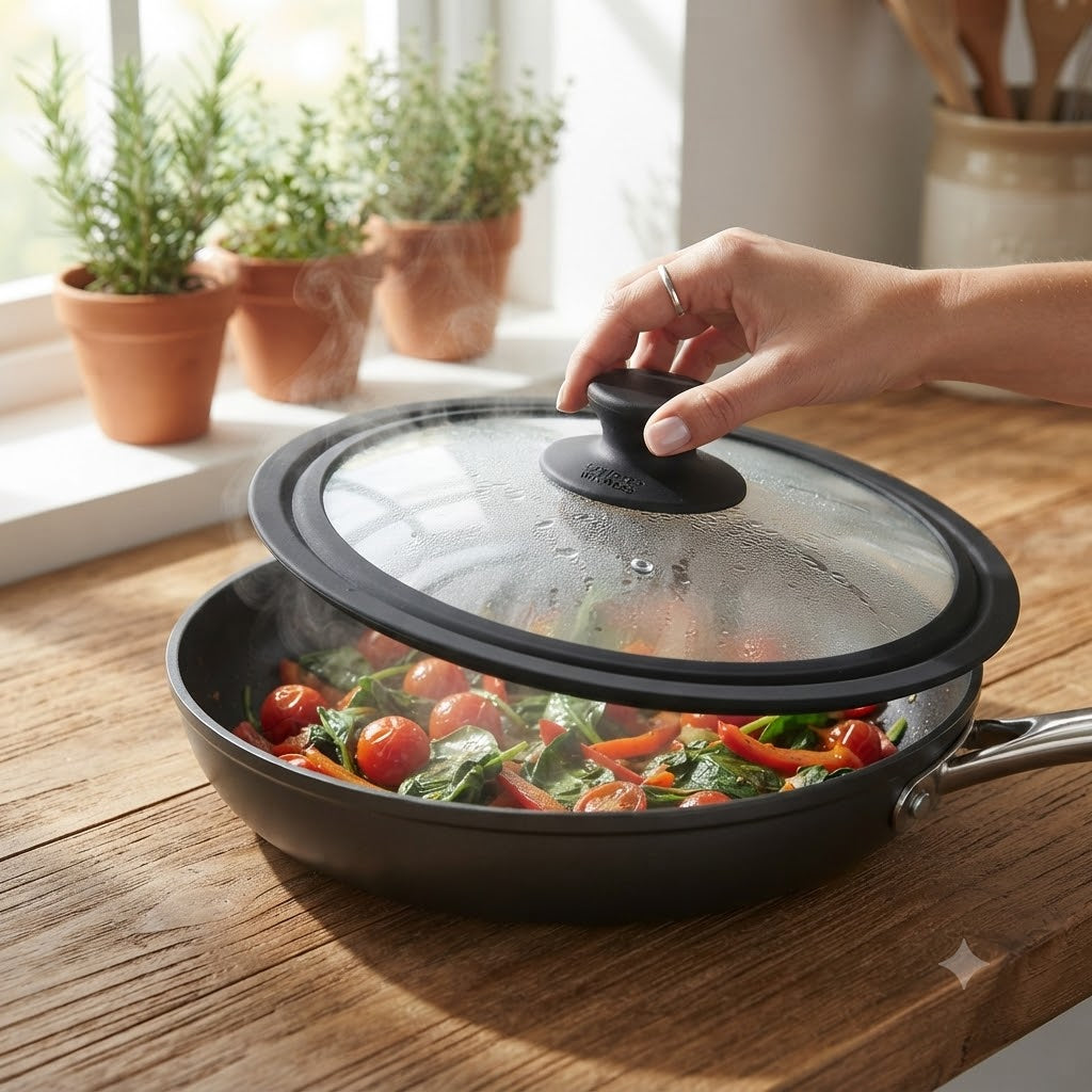 Taylors Eye Witness Large Universal Glass and Silicone Pan Lid Black PLID3 | Fits All 26-28-30cm Frying Pans | Stockpots and Casseroles | Tempered Glass With Steam Vent No-Rattle Silicone Rim and Oven Safe Knob | Dishwasher Safe | Cool Touch Knob