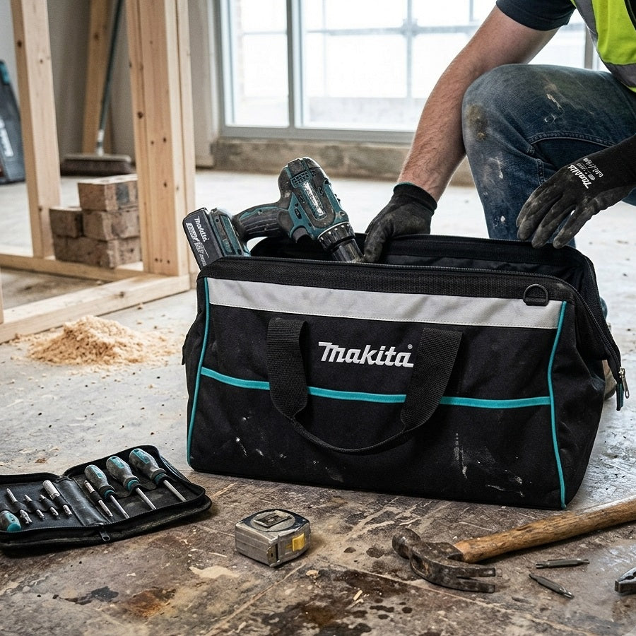 Makita Heavy Duty Tool Bag Black 832411-9 | Canvas Tool Carry Holdall | Heavy Duty Fabric Storage Bag | Zippered Power Tool Tote Bag | Multi-Pocket Utility Organiser Bag