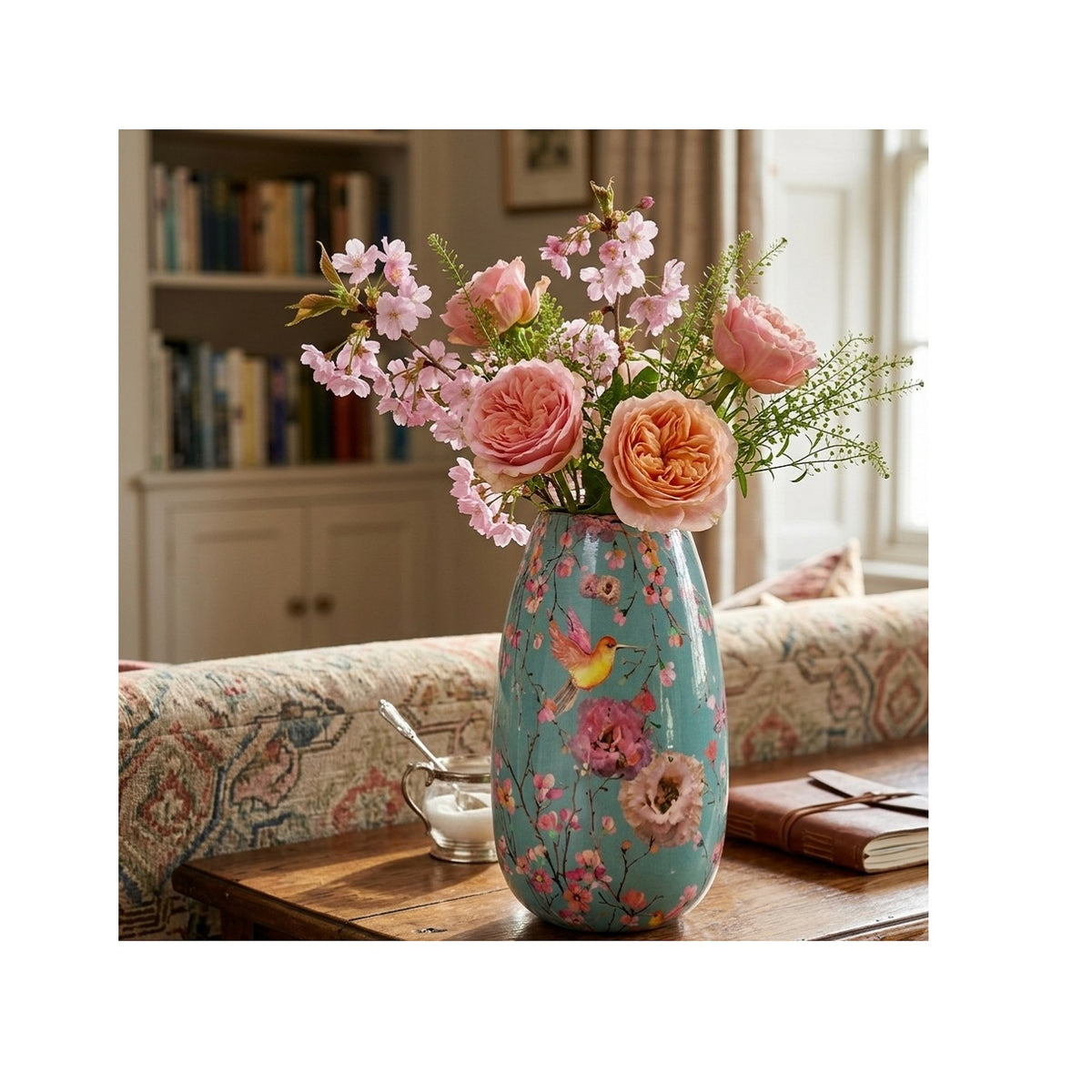 Flower Print Metal Flower Vase Green 25cm A67825310 | Decorative Printed Tabletop Vase | Gold Interior Accent | Oriental Floral and Bird Pattern Urn | Living Room and Home Decor Table Centerpiece