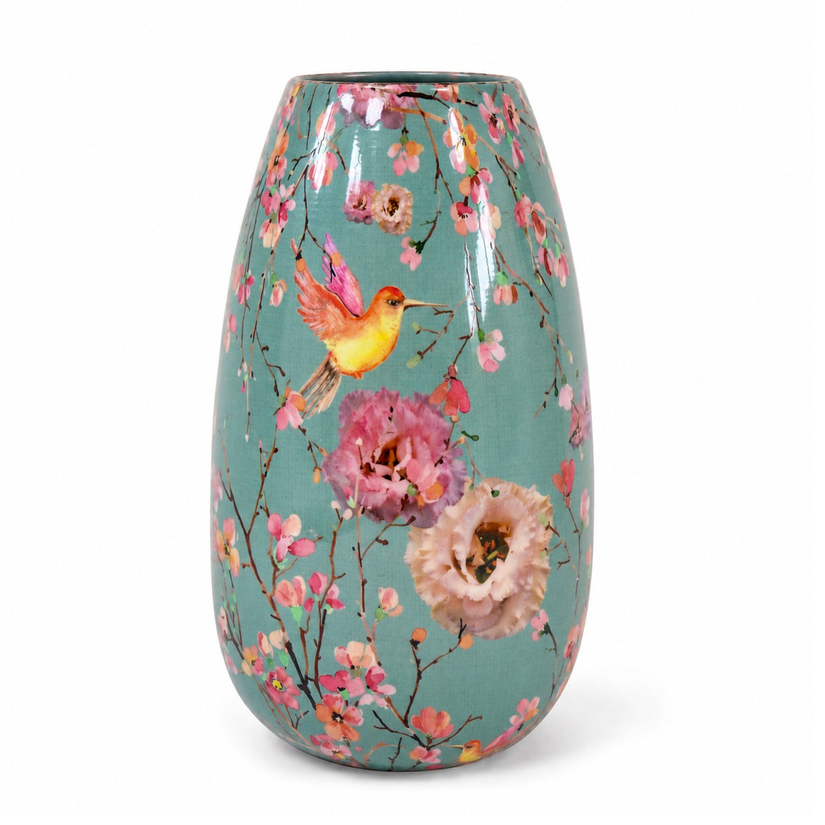 Flower Print Metal Flower Vase Green 25cm A67825310 | Decorative Printed Tabletop Vase | Gold Interior Accent | Oriental Floral and Bird Pattern Urn | Living Room and Home Decor Table Centerpiece