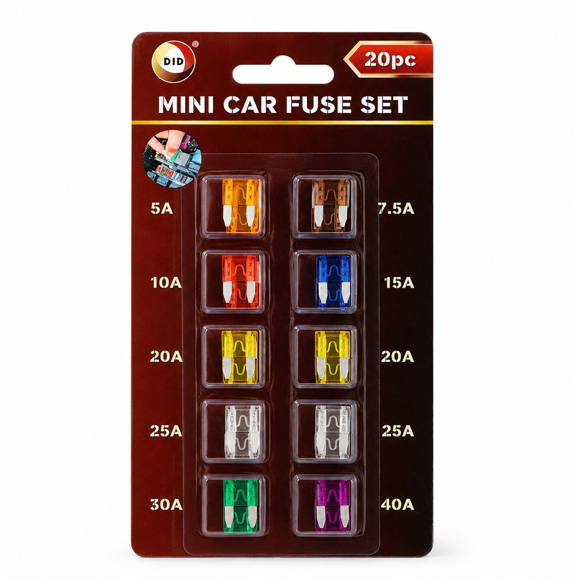 DID Mini Car Fuse Set Assorted Pack of 20 AA7865 | Assorted Automotive Blade Fuses 5A to 40A | Circuit Protection Replacement Kit for Cars-Vans and Motorbikes