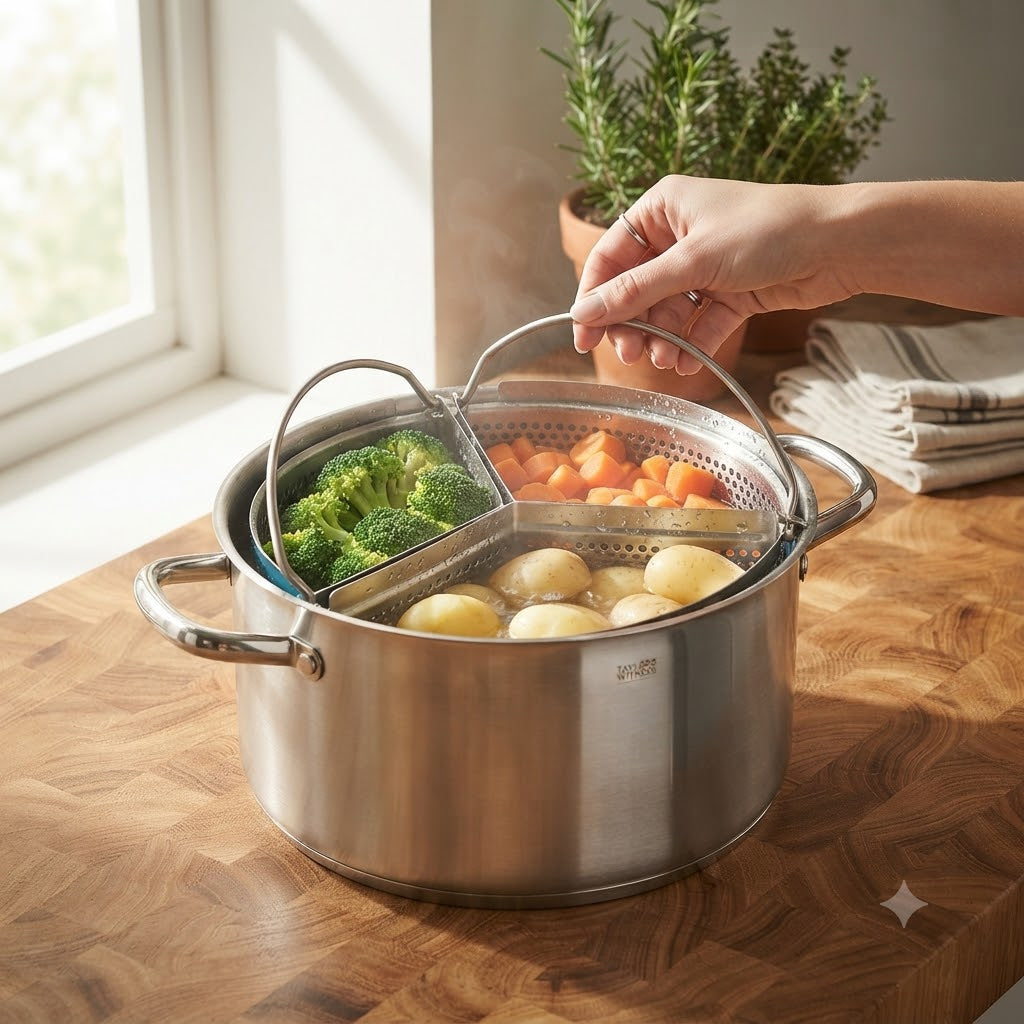 Taylors Eye Witness Saucepan Divider Set of 3 Metalic Silver 18cm QLO32D | For 20cm Standard Saucepans | Save Energy | Space and Washing Up | Boil and Steam Different Foods Simultaneously | Stainless Steel | Saucepan Separator | Cookware Organiser