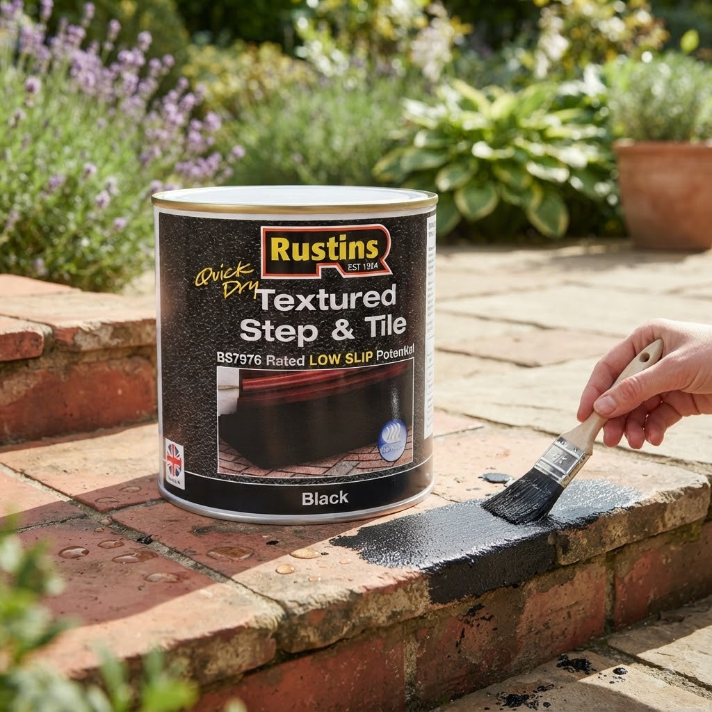 Rustins Quick Dry Textured Step and Tile Paint Black 500ml TXSTBLW500 | Low Slip Potential | Floor Renovation Paint | Concrete Floor Paint | Brick Paint | Interior and Exterior Paint