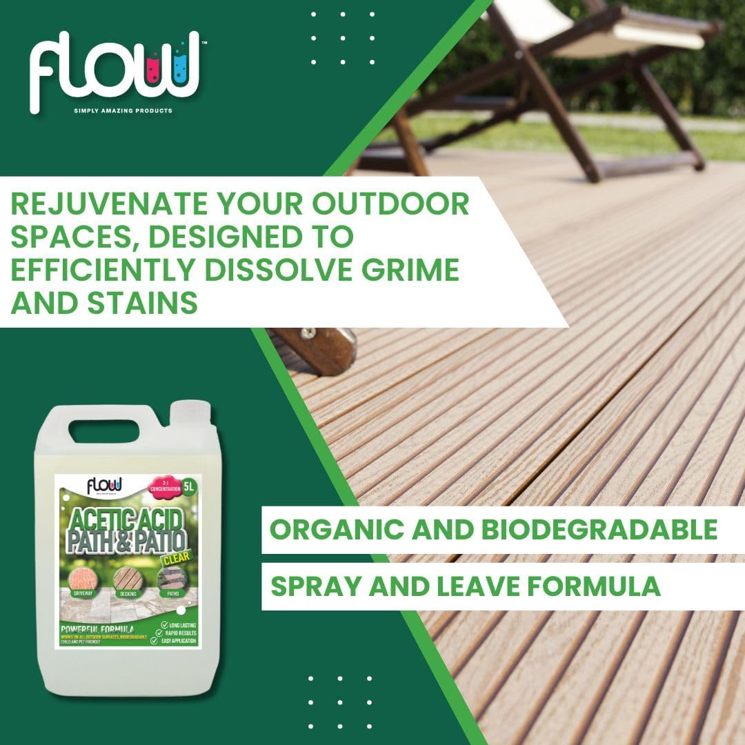 Flow Acetic Acid Path and Patio Clear Cleaner 5Ltr ACETIC5L | Heavy Duty Outdoor Driveway-Decking-Stone and Paving Slab Cleaner | Concentrated Weed and Moss Alternative Treatment | Long Lasting | Rapid Results | Easy Application | Biodegradable