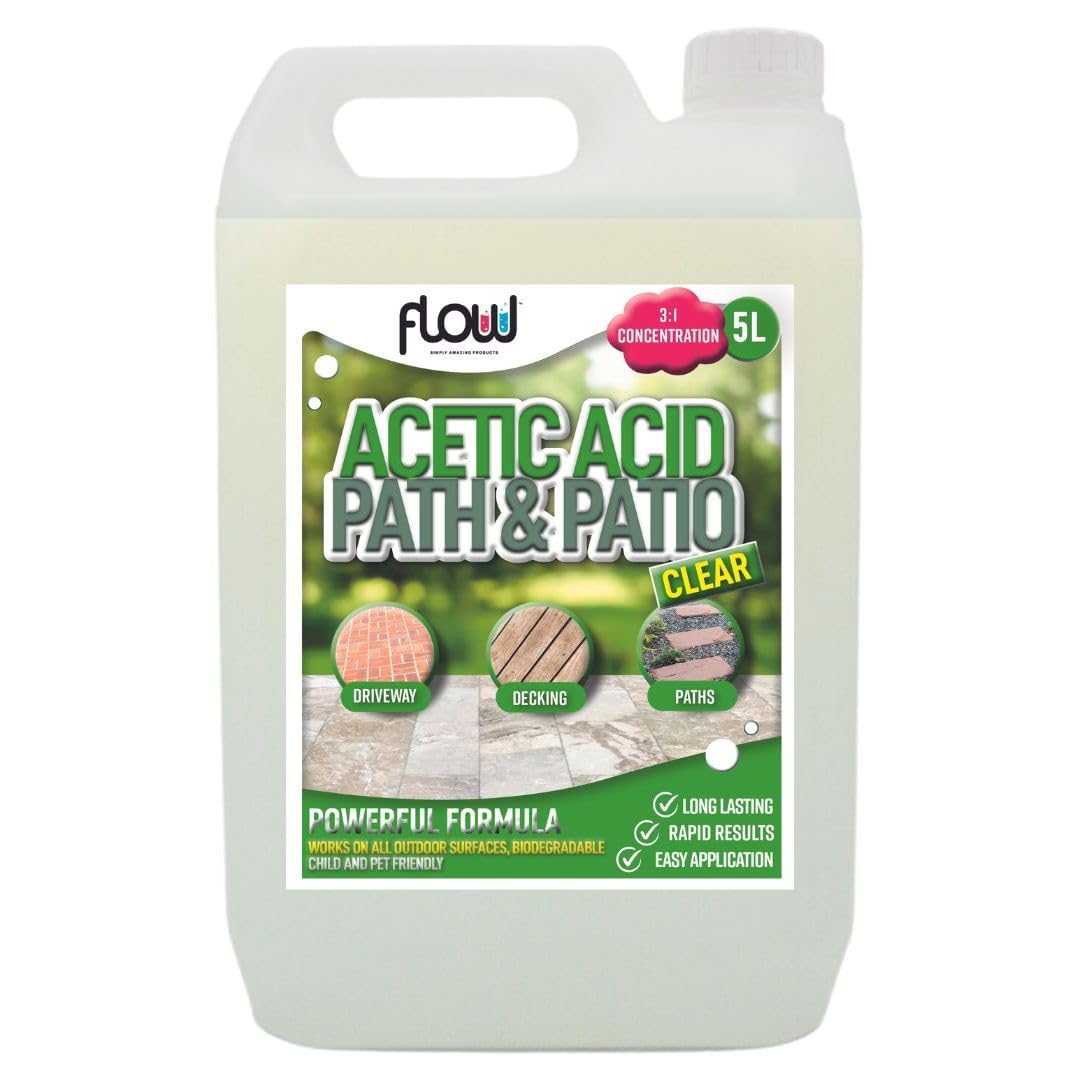 Flow Acetic Acid Path and Patio Clear Cleaner 5Ltr ACETIC5L | Heavy Duty Outdoor Driveway-Decking-Stone and Paving Slab Cleaner | Concentrated Weed and Moss Alternative Treatment | Long Lasting | Rapid Results | Easy Application | Biodegradable