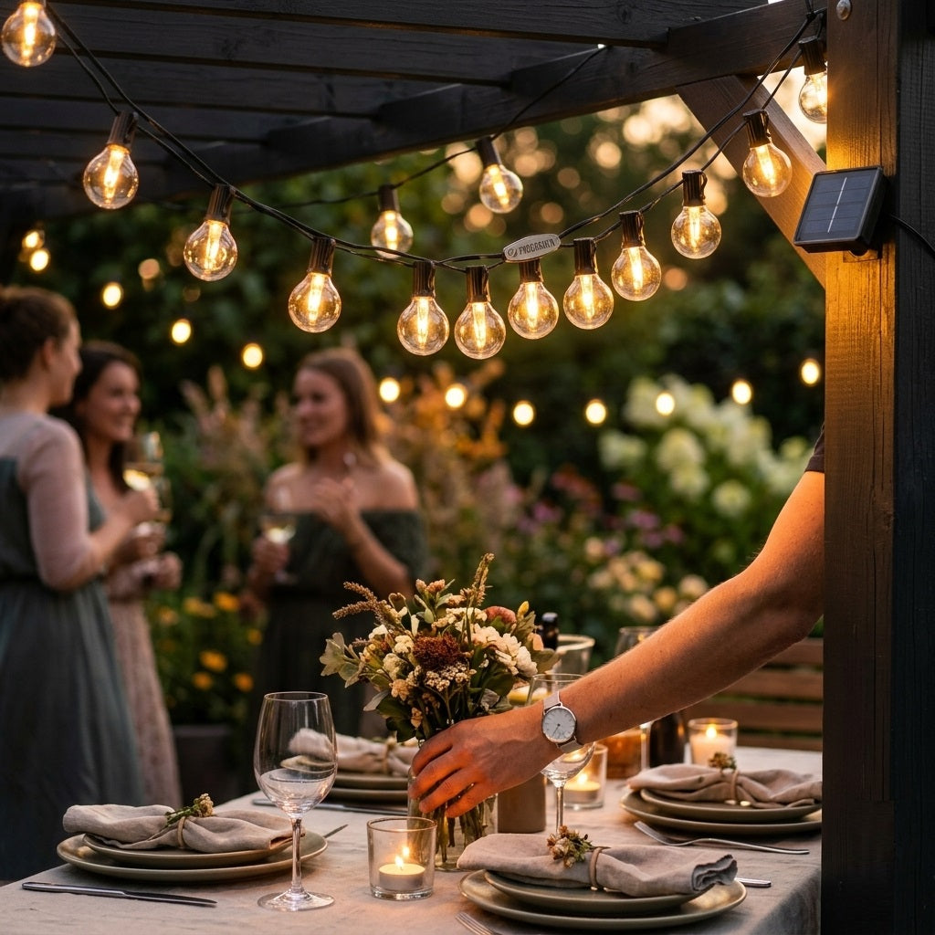 ProGarden 20 LED Solar String Party Lights Warm White 570cm AF5600120 | Outdoor Solar Powered Festoon Lights | Vintage Bulb Garden Fairy Lights with Solar Panel and Clip