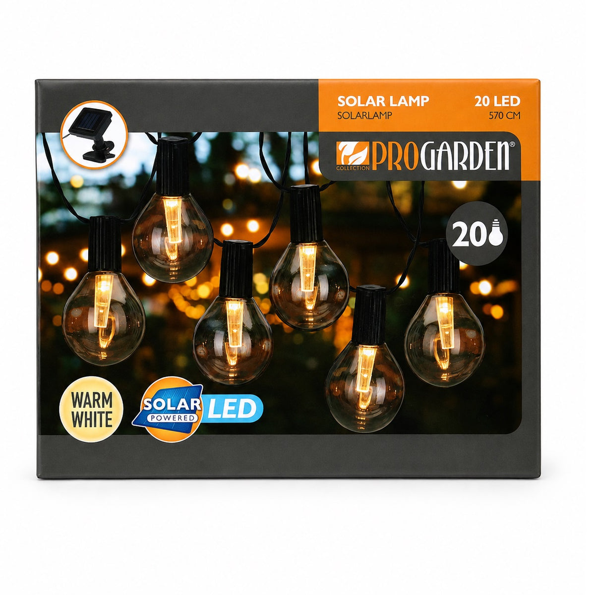 ProGarden 20 LED Solar String Party Lights Warm White 570cm AF5600120 | Outdoor Solar Powered Festoon Lights | Vintage Bulb Garden Fairy Lights with Solar Panel and Clip