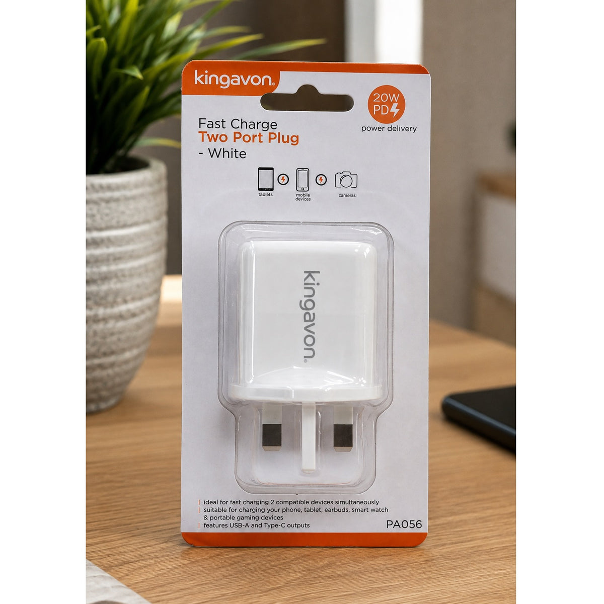 Kingavon Two Port Plug Fast Charger White 20W PA056 | USB-A and Type-C Outputs Features | Ideal for 2 Compatible Devices Fast Charging | Suitable for Charging Phone | Tablet | Earbuds | Smart Watch and Portable Gaming Devices | Smartphone Charger
