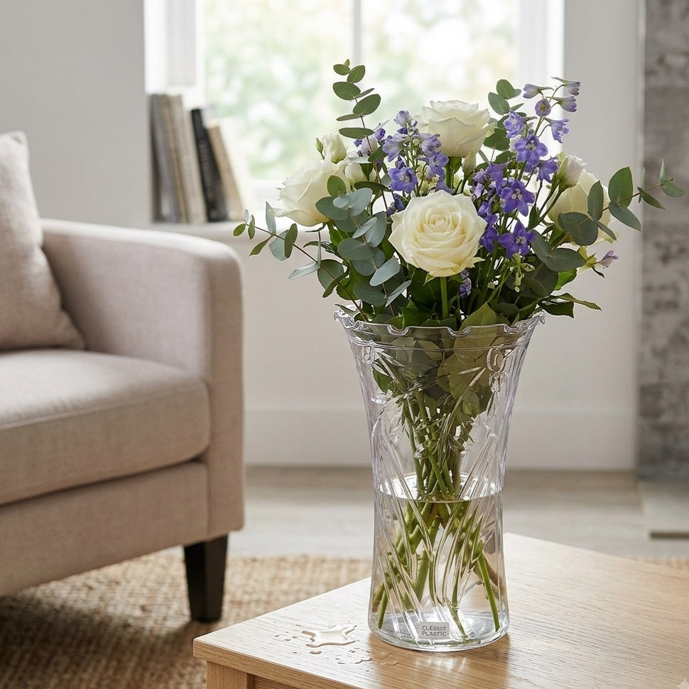 Plastic Flower Vase Clear 18.5cm x 10.5cm AN024 | Fluted Swirl Design Plant Pot | Table Home Decor Display
