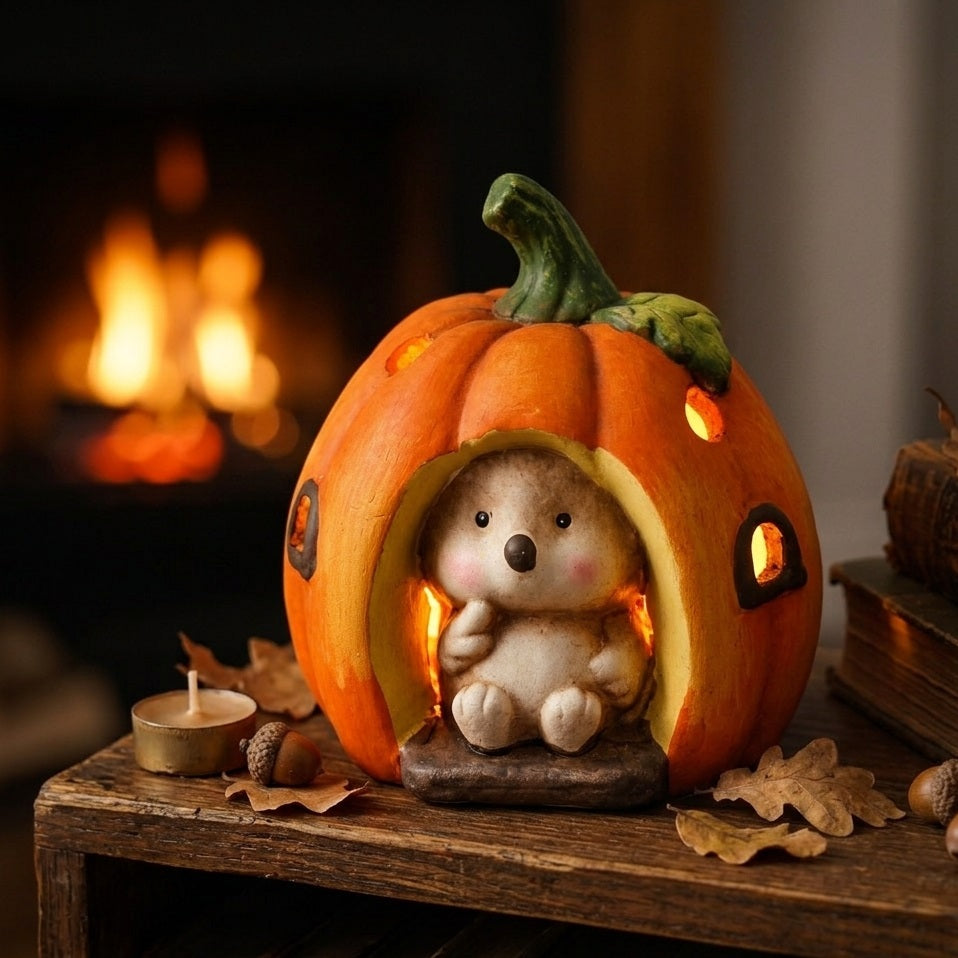 Light Up Pumpkin House with Hedgehog Orange 11cm x 10cm x 12cm APF540760 | Halloween LED Animal Figurine | Autumn Festive Decor