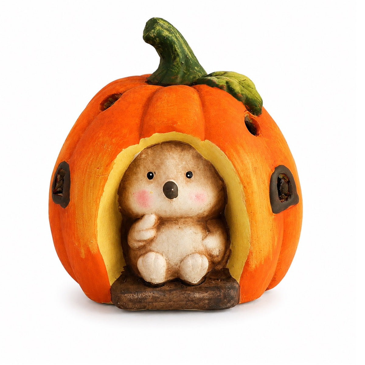 Light Up Pumpkin House with Hedgehog Orange 11cm x 10cm x 12cm APF540760 | Halloween LED Animal Figurine | Autumn Festive Decor