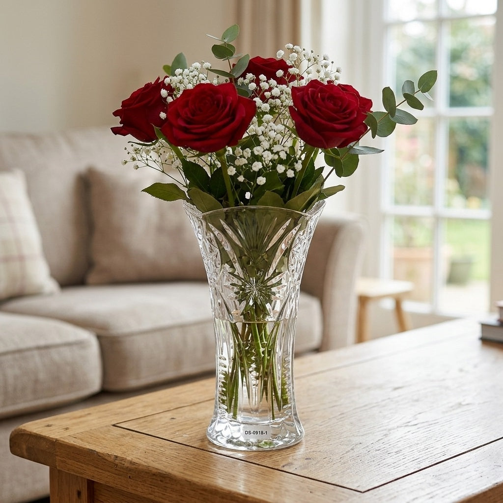 Glass Flower Vase Clear 18cm x 8cm Pack of 1 AS061 | Fluted Cut Glass Floral Vase | Table Centrepiece Decor | Quality Glassware