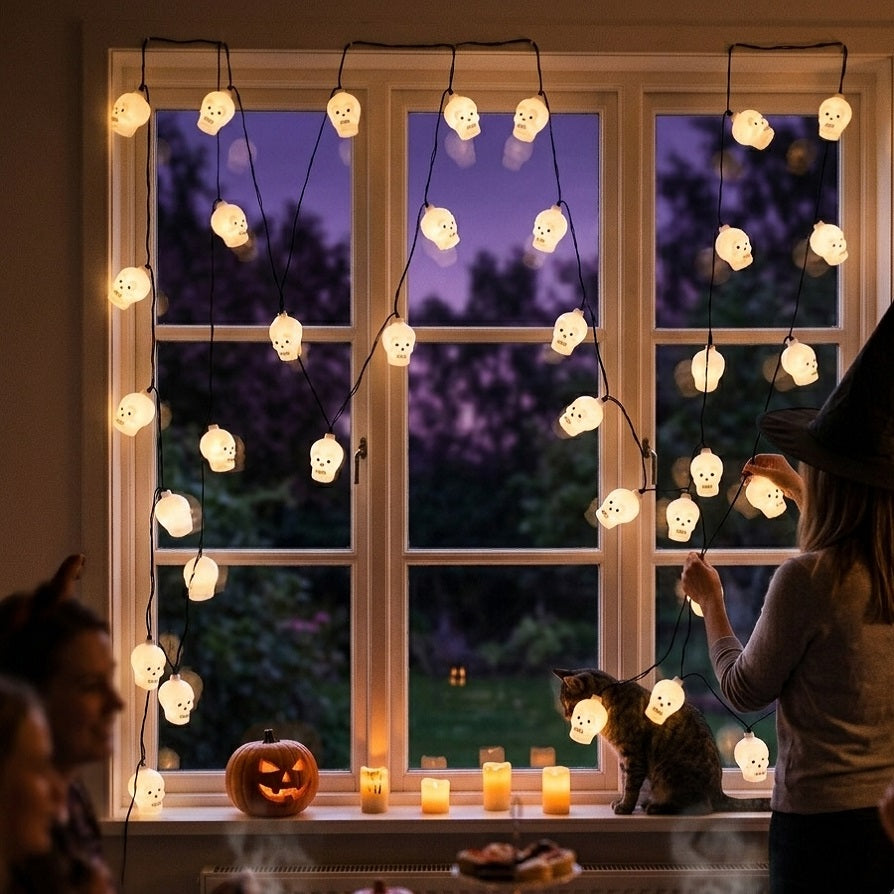 LED Light Curtain Skull Assorted 180cm AX5800550 | 50 LED Battery Operated String Lights | Halloween Window Decoration | Indoor Outdoor Party Lighting