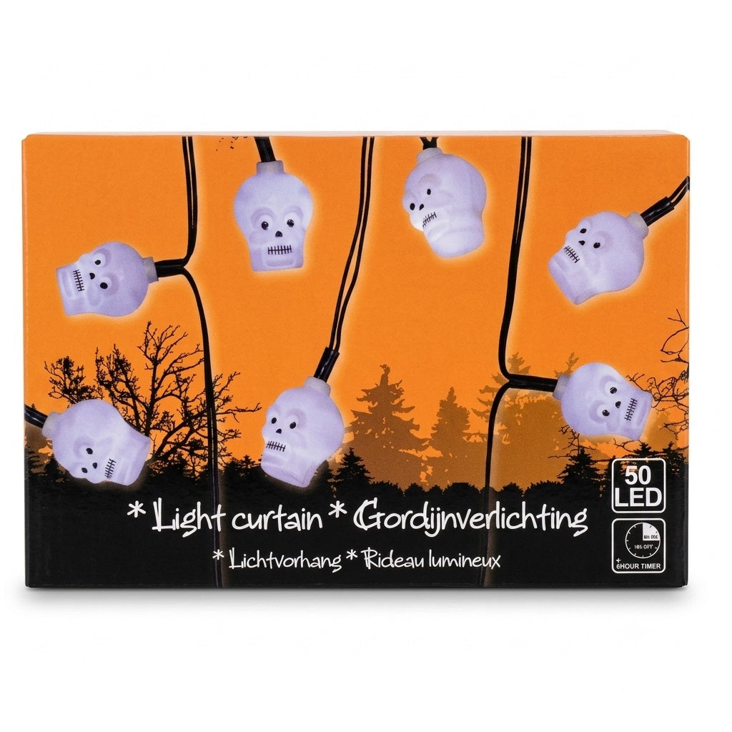 LED Light Curtain Skull Assorted 180cm AX5800550 | 50 LED Battery Operated String Lights | Halloween Window Decoration | Indoor Outdoor Party Lighting