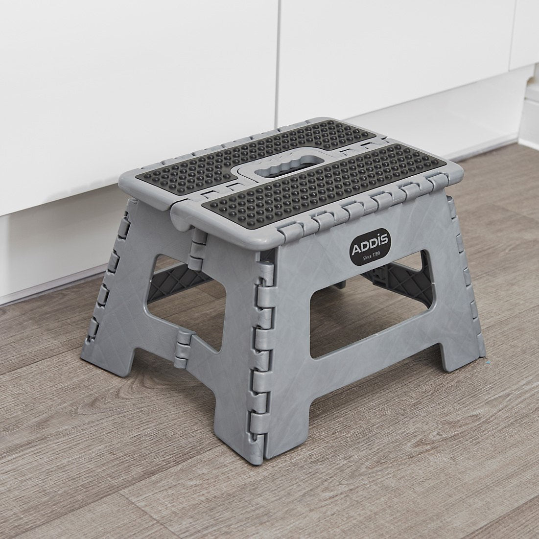 Addis Folding Step Stool Metallic Grey 516931 | New and Improved | Soft Grip Feet For Extra Stability | Convenient Carry Handle | Hard Wearing and Wipe Clean