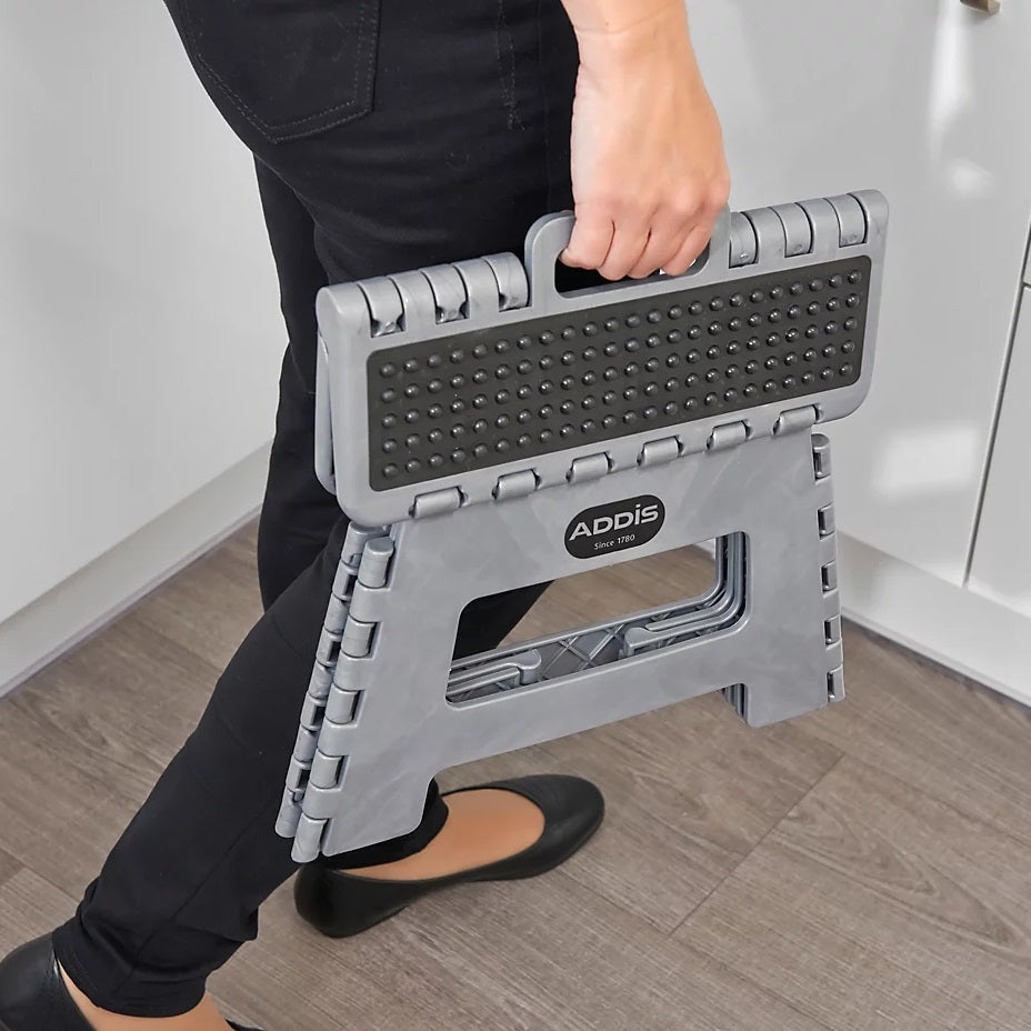 Addis Folding Step Stool Metallic Grey 516931 | New and Improved | Soft Grip Feet For Extra Stability | Convenient Carry Handle | Hard Wearing and Wipe Clean
