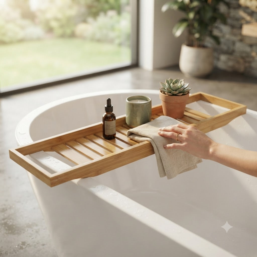 Ashley Housewares Bamboo Over The Bath Tray Brown 68 x 15 x 4cm ST551 | Sturdy and Safe | Bamboo Material | Extra Stability for Bathroom Accessories | Phone | Book | Wine Glass Or Candles | Enough Space For Your Favourite Accessories | Luxurious Addition For Relaxing Baths | Bathroom Organiser