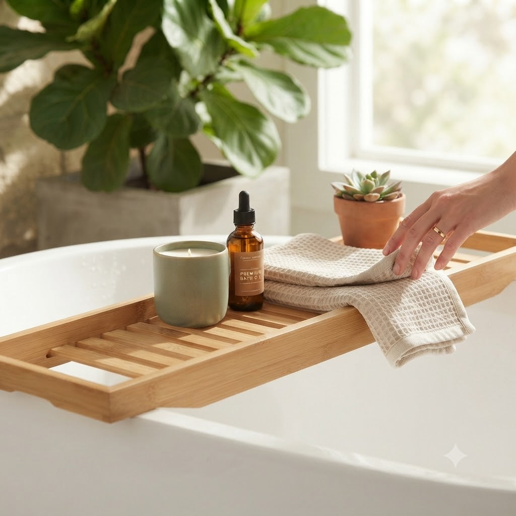 Ashley Housewares Bamboo Over The Bath Tray Brown 68 x 15 x 4cm ST551 | Sturdy and Safe | Bamboo Material | Extra Stability for Bathroom Accessories | Phone | Book | Wine Glass Or Candles | Enough Space For Your Favourite Accessories | Luxurious Addition