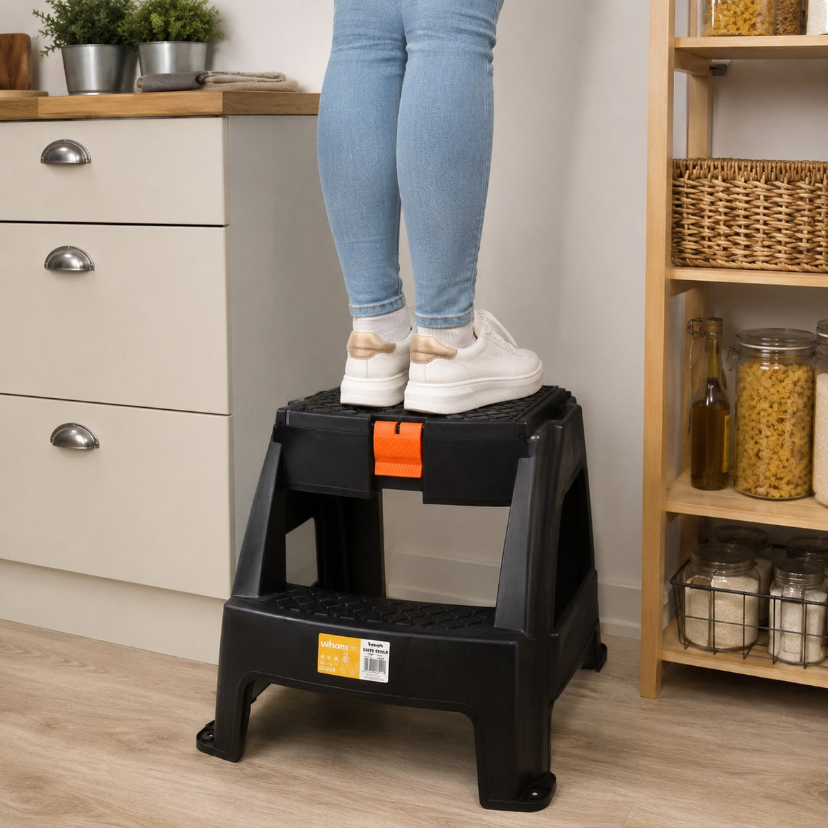 Wham Plastic Step Stool Black and Orange 447000 | Strong and Durable | Versatile Storage | Widely Recycled | Maximum Load 150Kg