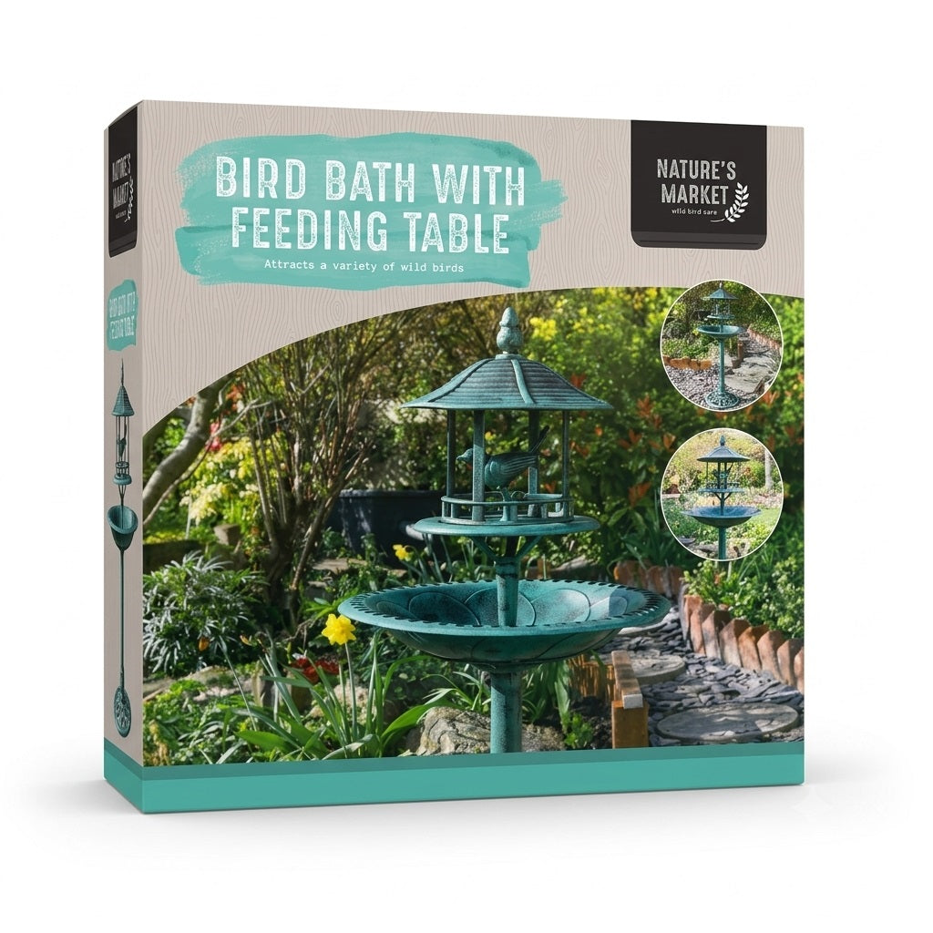 Natures Market Bird Bath with Feeding Table Green 105cm x 50cm BB01 | Bronze Effect Freestanding Garden Bird Feeder Station | Wild Bird Water Drinker and Table | Outdoor Yard Decoration | Attracts a Variety of Wild Birds
