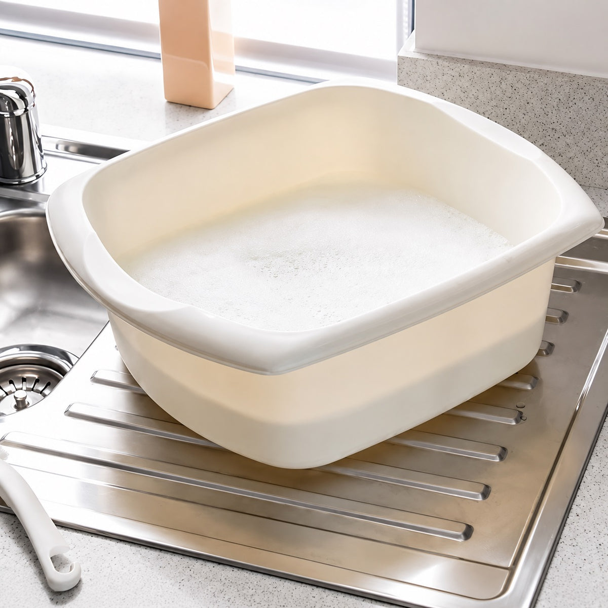 Addis Rectangular Bowl Linen Cream 9.5Ltr 510561 | Hard Wearing and Wipe Clean | Washing Up Bowl | Plastic Utility Basin